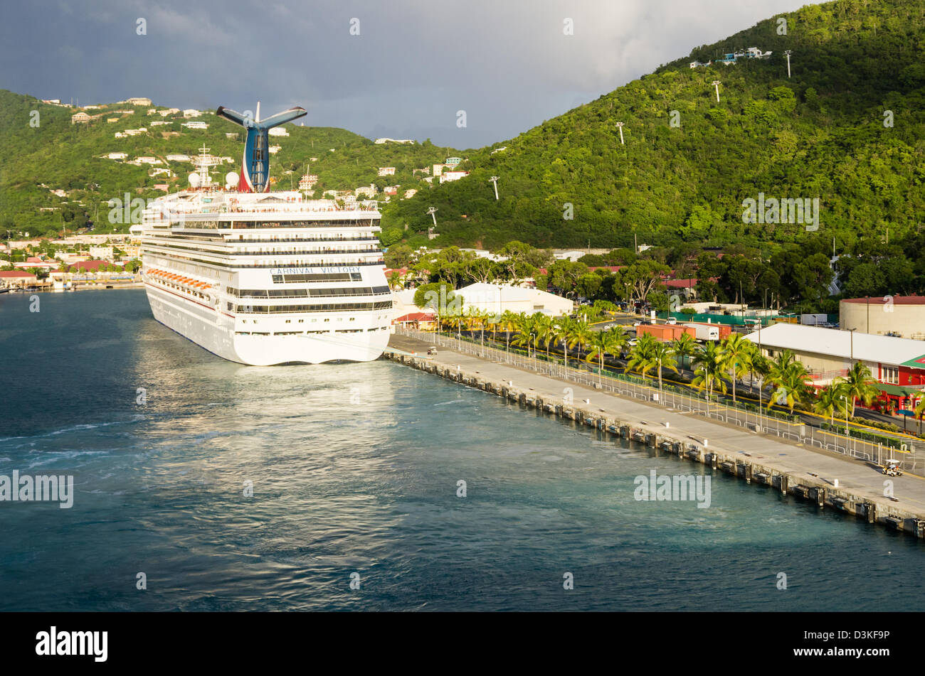 Charlotte Amalie, St. Thomas, Cruise ship Carnival Victory at the dock on the waterfront Stock Photo