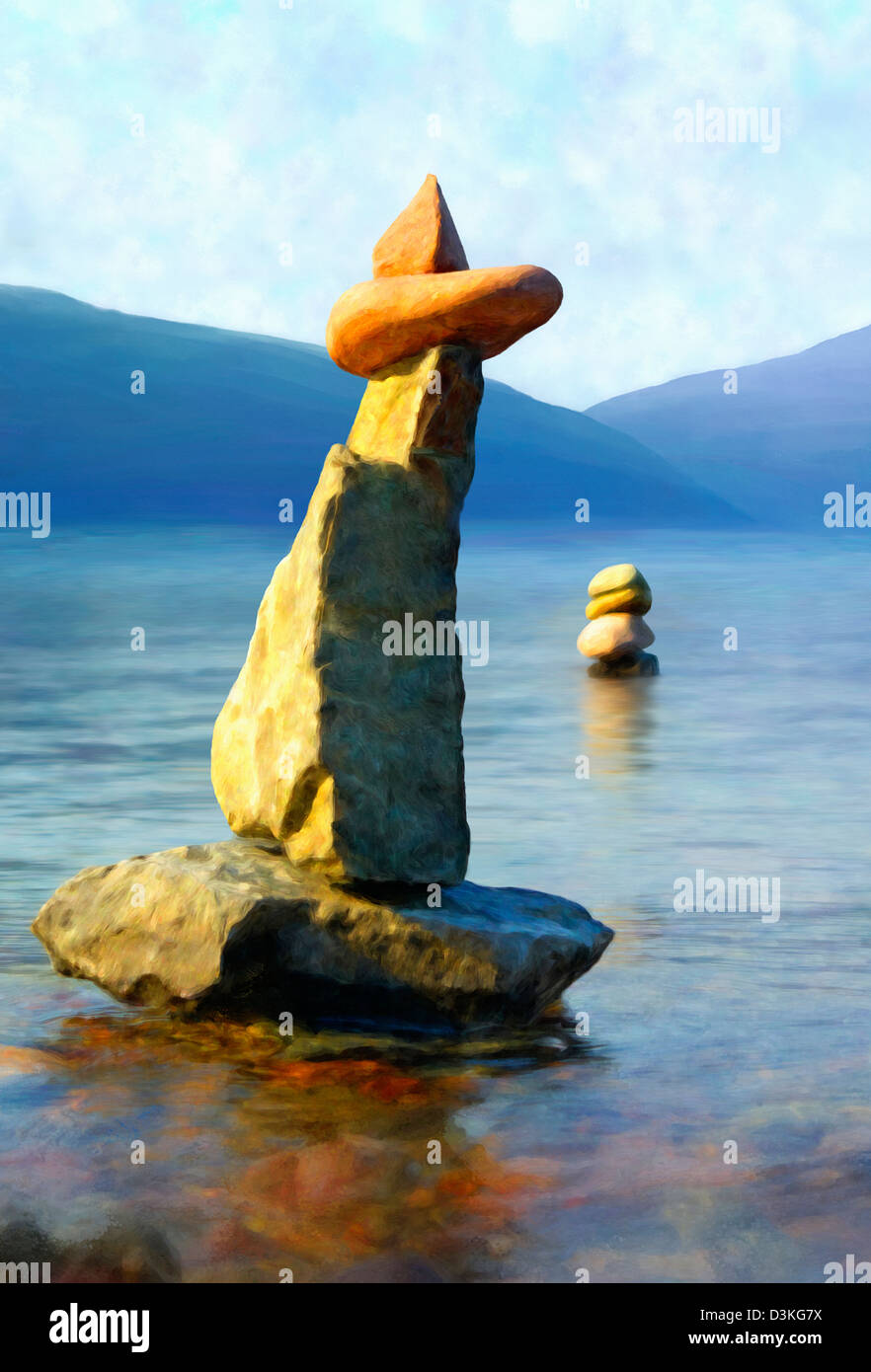 Painting of beautiful rock cairns near the shore of a lake with ...