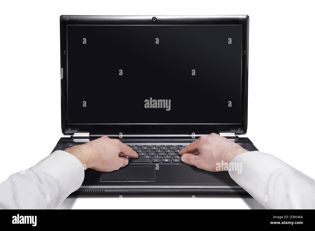 male hands on the laptop isolated over white background Stock Photo