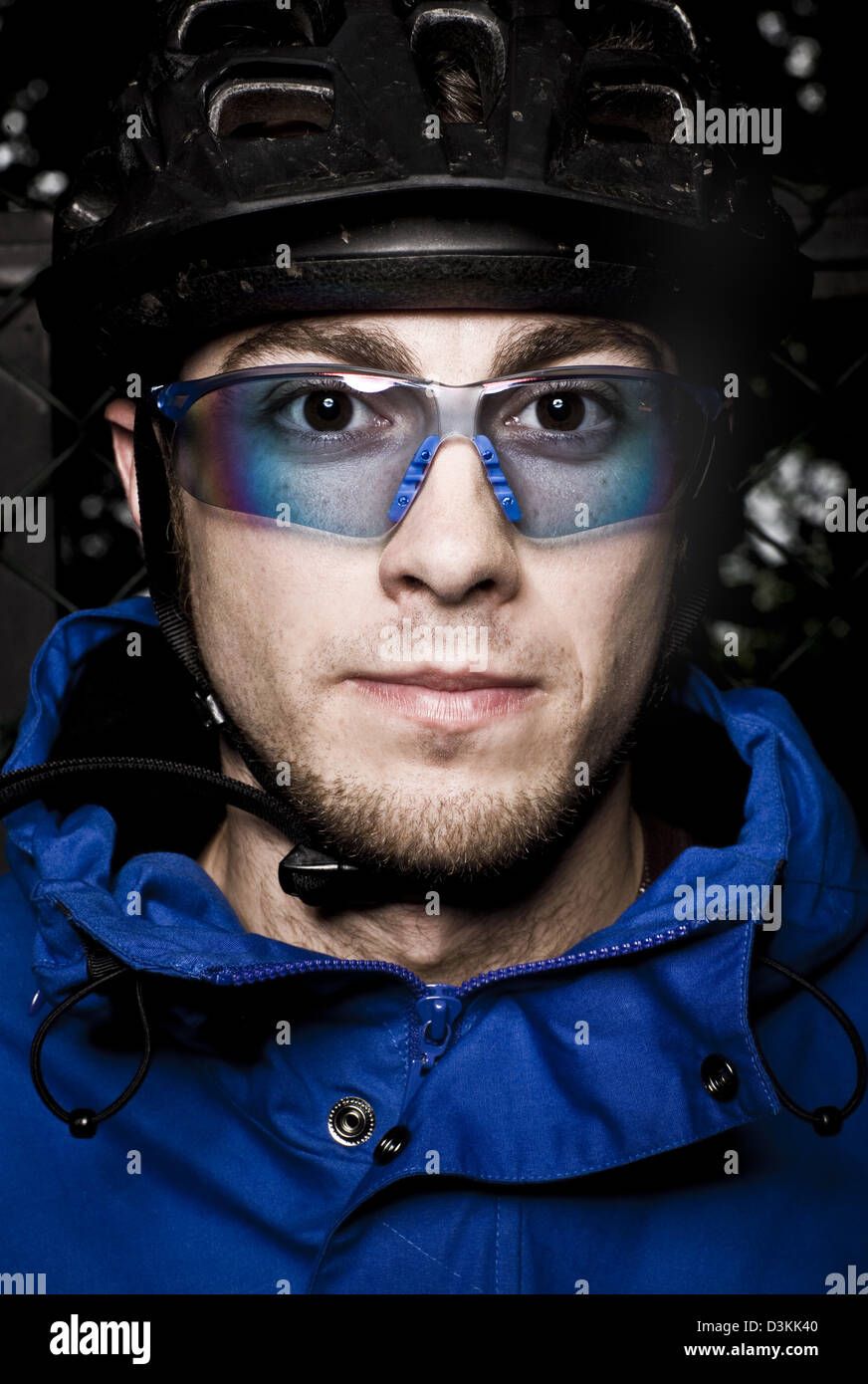 Portrait of mountain biker, Esher forest, England Stock Photo