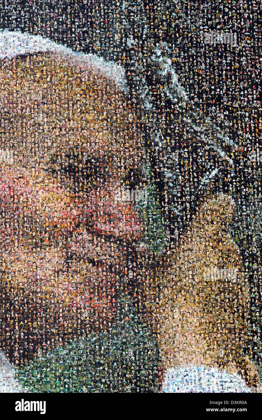 (dpa) - The picture shows a poster made of thousands of small pictures of late Pope John Paul II. in Cologne, Germany, Wednesday 17 August 2005. Organised by the Catholic Church the 20th World Youth Day festival runs in Cologne from 15 to 21 August 2005. Organisers expect more than a million pilgrims from all over the world to join the festival. Pope Benedict XVI. visits the meetin Stock Photo