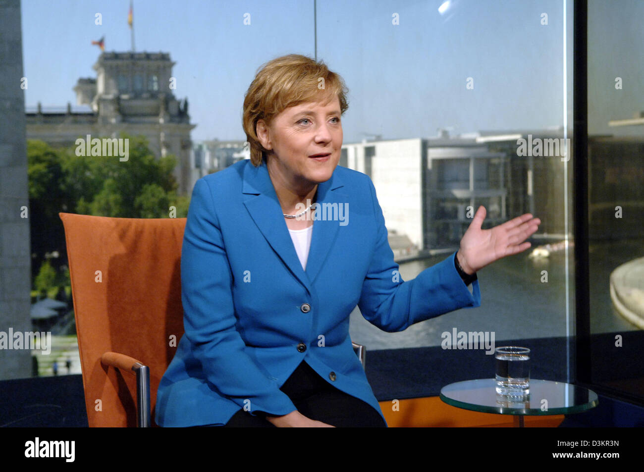 (dpa) - The picture shows Angela Merkel, chairwoman of the Christian Democratic Union (CDU) and candidate for the German chancellorship during a TV interview at the ARD studio in Berlin, Germany, Thursday 18 August 2005. German TV station MDR produced the interview, which will will be broadcasted tonight. With the so-called 'candidate checks', MDR starts its reporting on the Federa Stock Photo