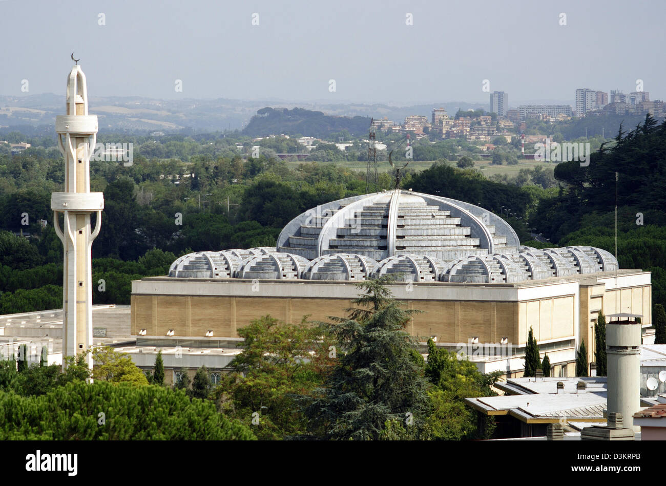 (dpa) - The picture dated 12 August 2005 shows Europes biggest mosque located in Rome, the capital of Italy. The mosque offers space for up to 2000 believers. Italian architect Paolo Portoghesi constructed the place which was sponsored by financial backers from Saudi Arabia mostly. Photo: Lars Halbauer Stock Photo