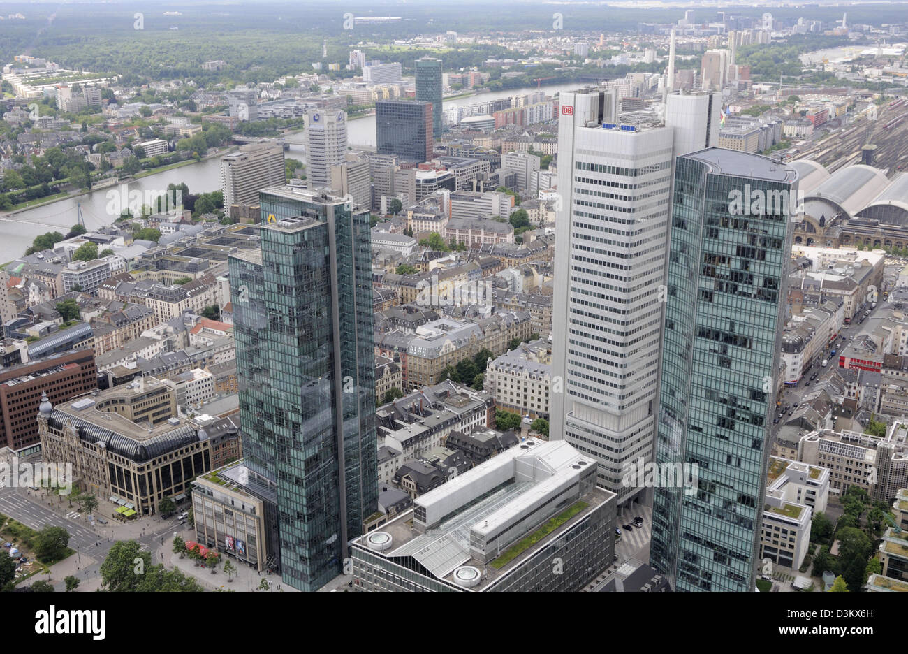 Looking south towards the river Main from the top of the Main Tower, Frankfurt, Germany. Stock Photo