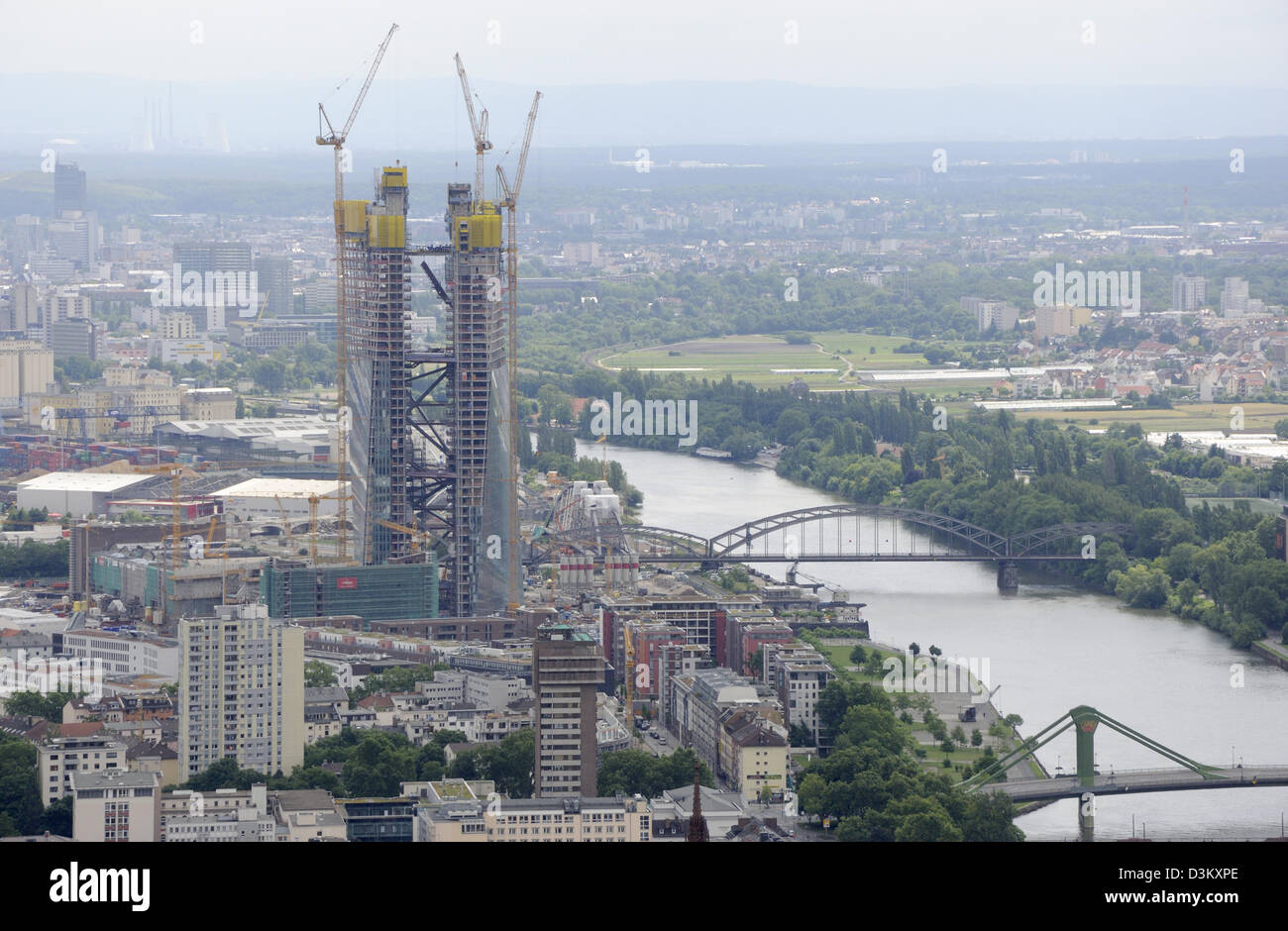 The new European Central Bank Headquarters under construction from the top of the Main Tower, Frankfurt, Germany. Stock Photo