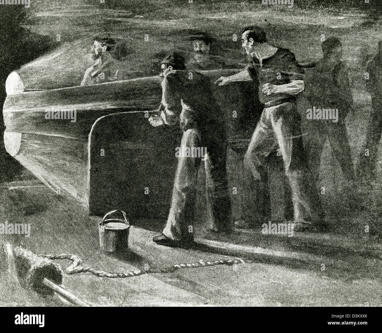 Undated sketch of the scene inside the ironclad warship USS Monitor during battle with the Confederate warship CSS Virginia. The Brooklyn-built Monitor made nautical history after being designed and assembled in 118 days, and then commissioned Feb. 25, 1862. Fighting in the first battle between two ironclads in the Battle of Hampton Roads, March 9, 1862, the engagement marked the first time iron-armored ships clashed in naval warfare and signaled the end of the era of wooden ships. Stock Photo