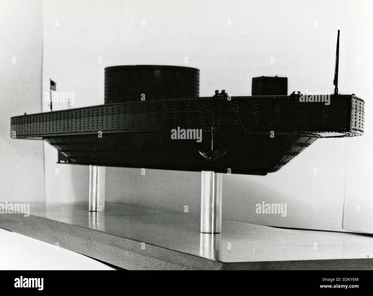 Undated photograph showing a scale model of the USS Monitor by Floyd Houston. The Brooklyn-built Monitor made nautical history after being designed and assembled in 118 days, and then commissioned, Feb. 25, 1862. Monitor fought in the first battle between two ironclads during an engagement against the Confederate navy ironclad CSS Virginia in the Battle of Hampton Roads on March 9, 1862. the battle marked the first time iron-armored ships clashed in naval warfare and signaled the end of the era of wooden ships. Stock Photo