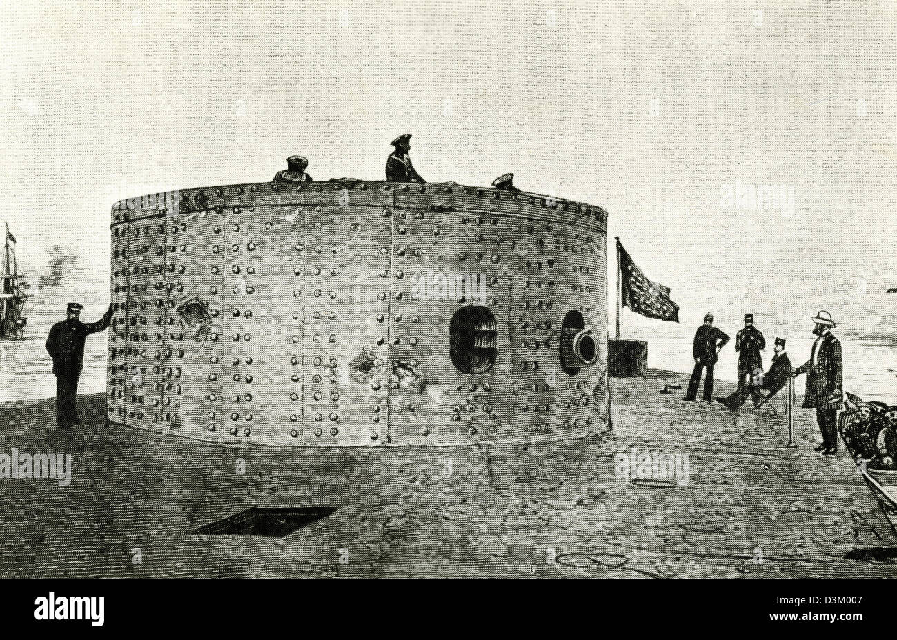 Undated photograph of an engraving of USS Monitor the first ironclad warship soon after its engagement with CSS Virginia showing damage sustained in battle. The Brooklyn-built Monitor made nautical history after being designed and assembled in 118 days, and then commissioned Feb. 25, 1862. Fighting in the first battle between two ironclads in the Battle of Hampton Roads, March 9, 1862, the engagement marked the first time iron-armored ships clashed in naval warfare and signaled the end of the era of wooden ships. Stock Photo