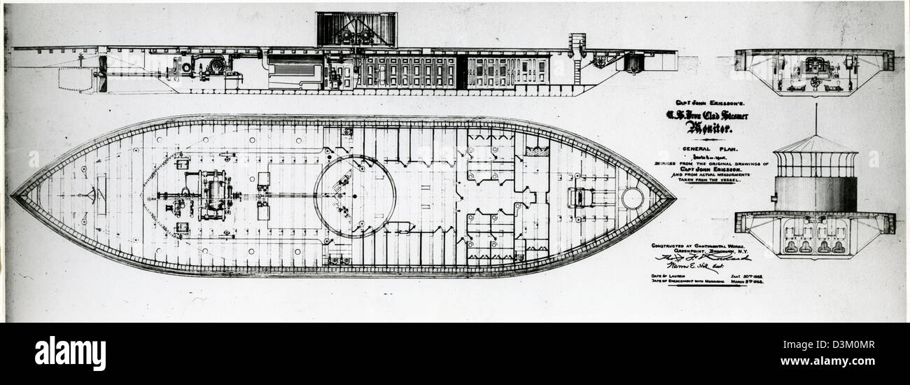 Undated photograph showing a diagram of the ironclad warship the USS Monitor. The Brooklyn-built Monitor made nautical history after being designed and assembled in 118 days, and then commissioned, Feb. 25, 1862. Monitor fought in the first battle between two ironclads during an engagement against the Confederate navy ironclad CSS Virginia in the Battle of Hampton Roads, March 9, 1862. the battle marked the first time iron-armored ships clashed in naval warfare and signaled the end of the era of wooden ships. Stock Photo