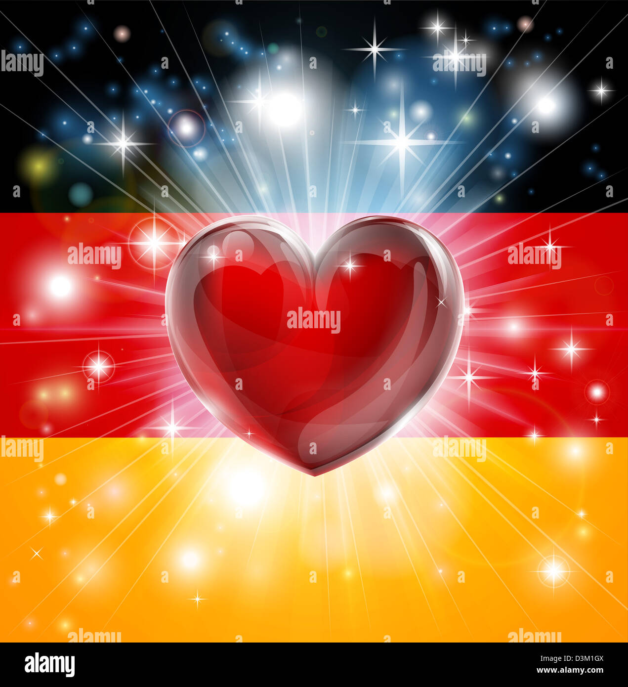 Flag of Germany patriotic background with pyrotechnic or light burst and love heart in the centre Stock Photo