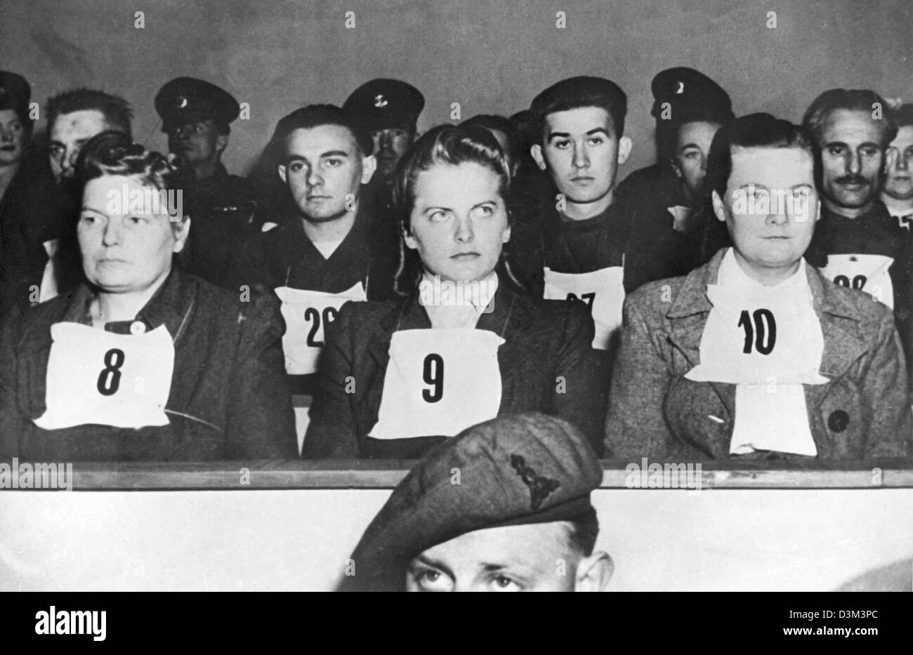 (dpa) (FILE) - (From L to R) The picture shows the accused Hertha Ehlert, Irma Grese and Ilse Lithe during the opening of the so-called Belsen trial at the British court in Lueneburg, Germany, 17 November 1945. The camp's director and watch were on trial for the death of over 50,000 Bergen-Belsen concentration camp prisoners. Eleven defendants were sentenced to death on 20 November Stock Photo