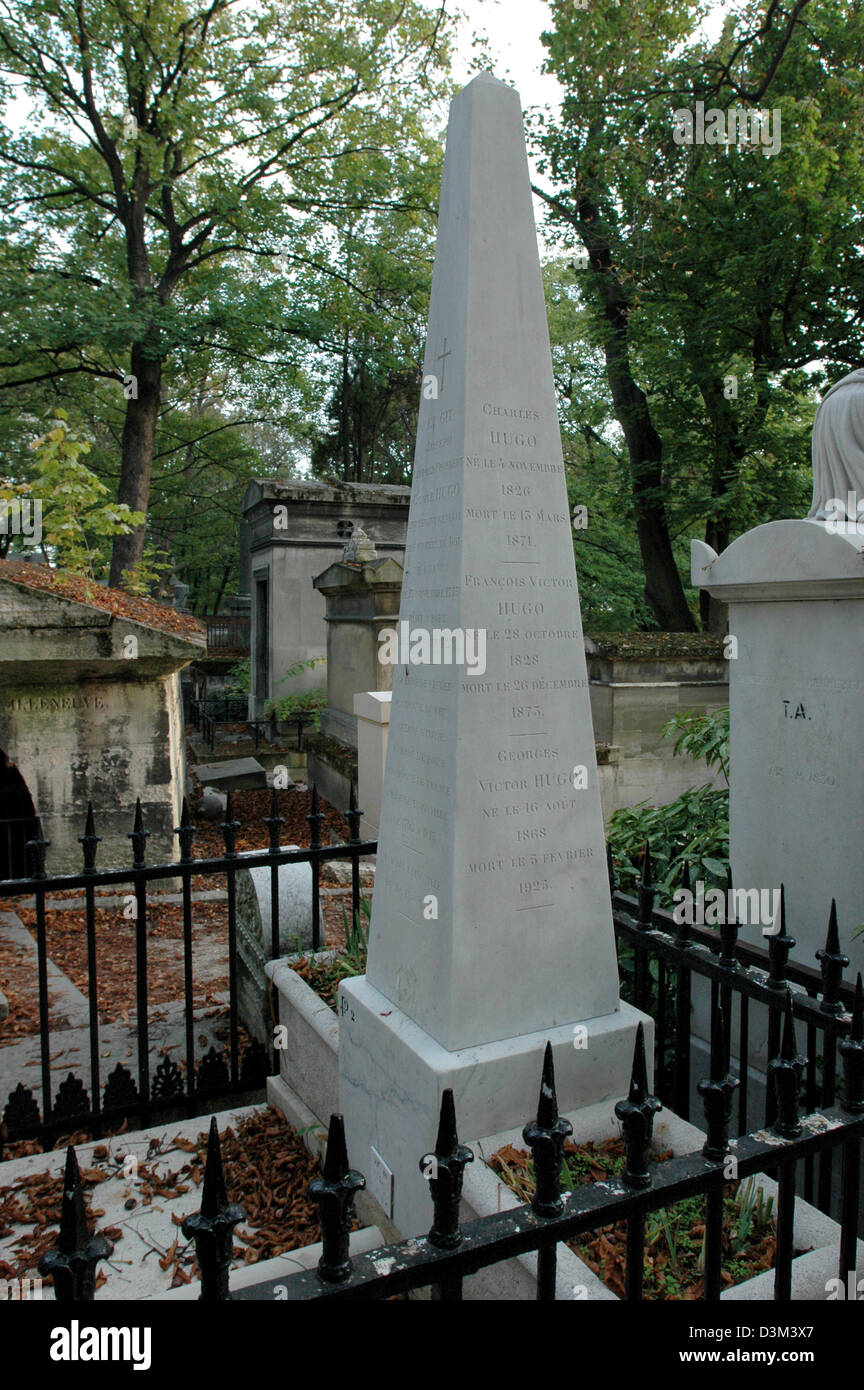 (dpa) - The picture shows the familiy grave of the family Hugo and French writer Victor Hugo (born 26 February 1802 in Besancon; died 22 May 1885 in Paris) at the cemetery Pere Lachaise in Paris, France, 8 October 2005. Photo: Helmut Heuse Stock Photo