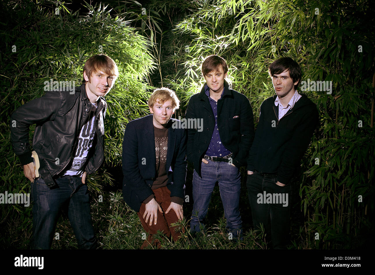 (dpa) - Members of Scottisch rock band Franz Ferdinand Alexander Kapranos, Bob Hardy, Nick McCarthy and Paul Thompson (L-R) pose at Bamboo garden in Duesseldorf, Germany, Sunday 06 November 2005. The band starts its concert tour in Duesseldorf with their new album 'You could have it so much better'. Photo: Andreas Jung Stock Photo