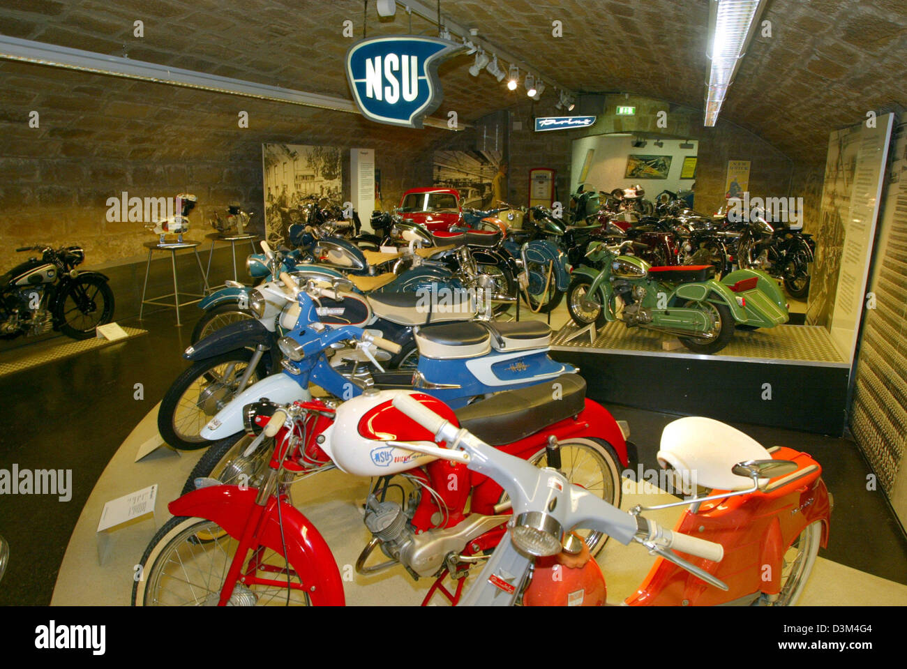 (dpa) - Various motorised vehicles and motorcycles made by NSU are being exhibited at the 'Zweirad Museum', museum for two-wheelers, in Neckarsulm, Germany, 07 November 2005. According to the management, the museum, which was opened in 1956, accommodates the largest historic collection of two-wheelers in Germany with around 400 exhibits. Photo: Harry Melchert Stock Photo