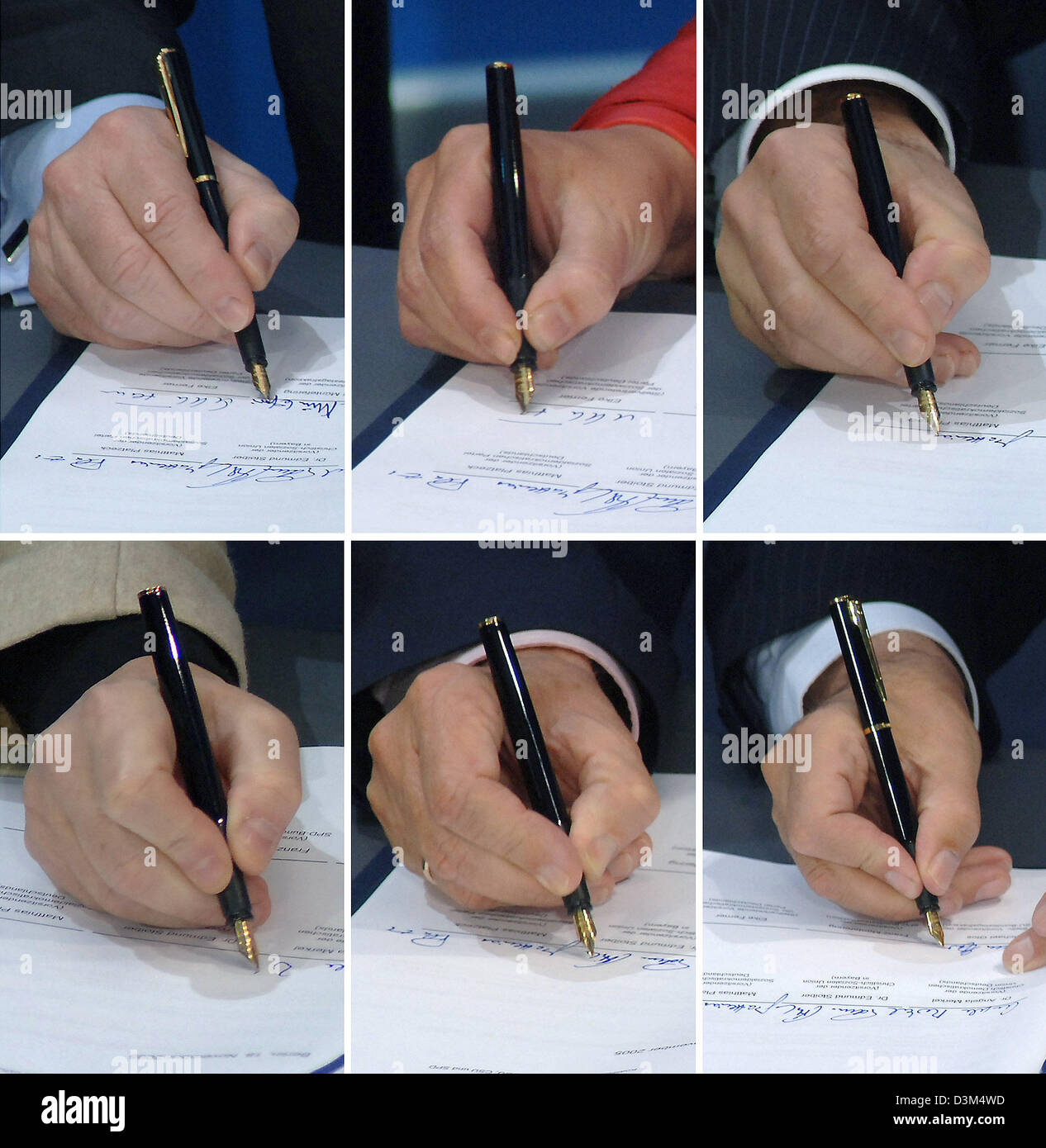 (dpa) - The composite picture shows the hands of (top, L-R) SPD's Franz Muentefering, Elke Ferner and Matthias Platzek and (bottom, L-R) of CDU's Angela Merkel, Edmund Stoiber and Michael Glos signing the  coalition agreement  for a grand government coalition between the conservative Christian Democrats (CDU) and Social Democrats (SPD) in Berlin, Friday 18 November 2005. Merkel is  Stock Photo