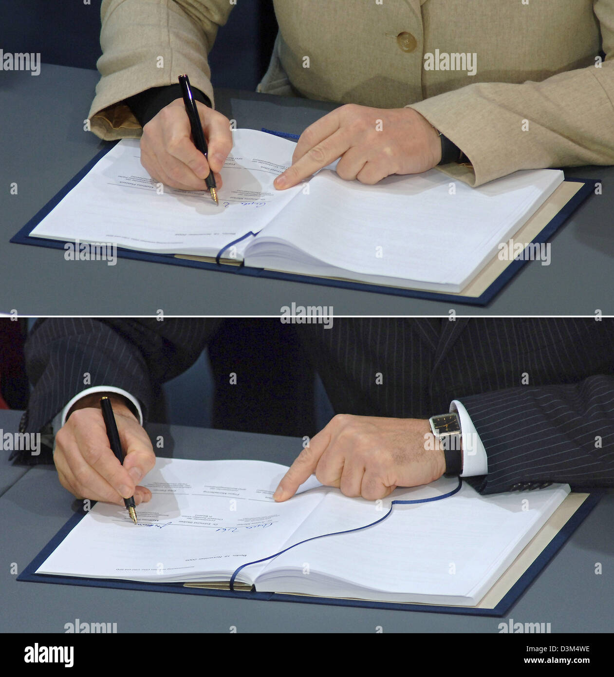 (dpa) - The composite picture shows the hands of CDU's Angela Merkel (top), Chairwomen of the conservative Christian Democrats (CDU) and Matthias Platzeck, Chairman of the Social Democrats (SPD), signing the  coalition agreement for a grand government coalition between the CDU and SPD in Berlin, Friday 18 November 2005. Merkel is expected to be elected as Germany's first female cha Stock Photo