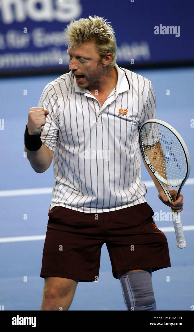 dpa) - Former tennis ace Boris Becker gestures as he plays against his  former French centre court rival Henri Leconte in a show tennis match in  Bremen, Germany, Sunday, 27 November 2005.