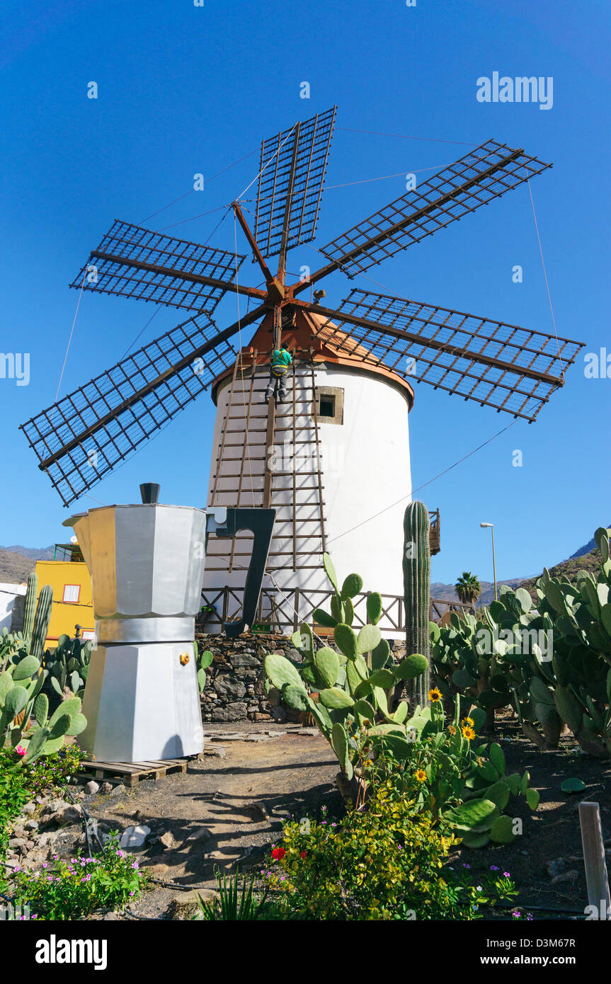 Restored windmill and giant Moka coffee pot Mogan, Gran Canaria, Canary Islands Stock Photo