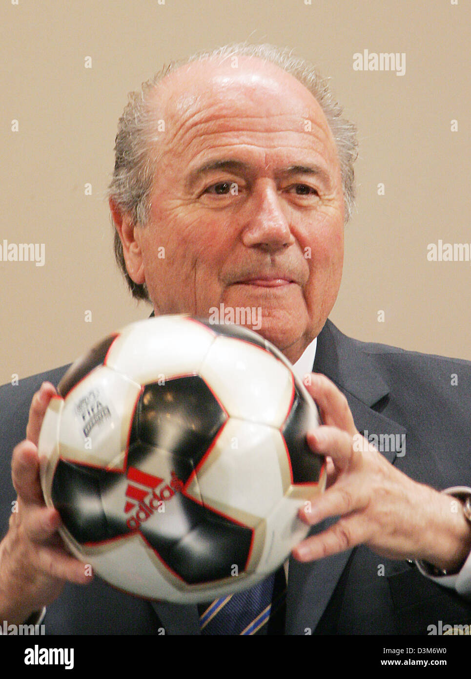 (dpa) - Joseph Blatter, President of FIFA, holds a soccer ball in his hands after a press conference at the fair centre in Leipzig, Germany, Wednesday, 07 December 2005. The preparations for the 2006 World Cup final round draw, on Friday, 09 December 2005, are in full swing. Around 4,000 invited guest, including 1,500 journalists, are expected to attend the event in Leipzig. Photo: Stock Photo
