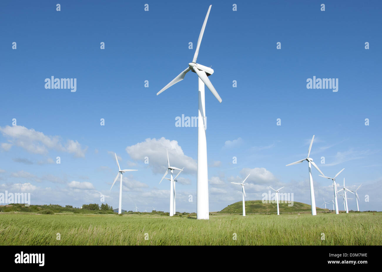 Wind turbines on lush green landscape and blue sky Stock Photo - Alamy