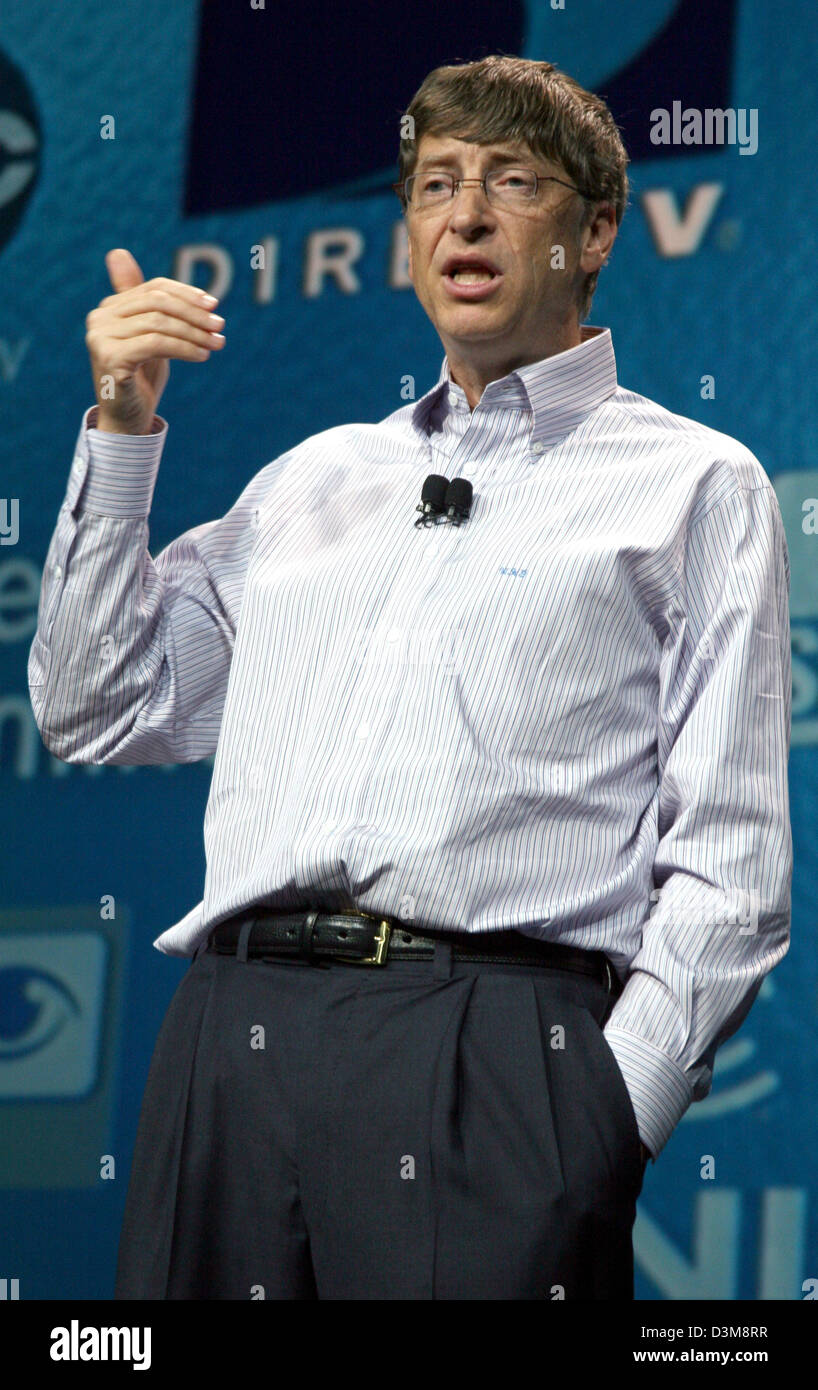 (dpa) - Microsoft founder Bill Gates gestures during the opening of the Consumer Electronics Show (CES) in Las Vegas, USA, Wednesday 04 January 2006. The CES is the world's largest consumer electronics fair. During the opening ceremony Gates also presented a first insight into Microsoft's new system software 'Windows Vista', which will be in stores the second half of 2006. With the Stock Photo