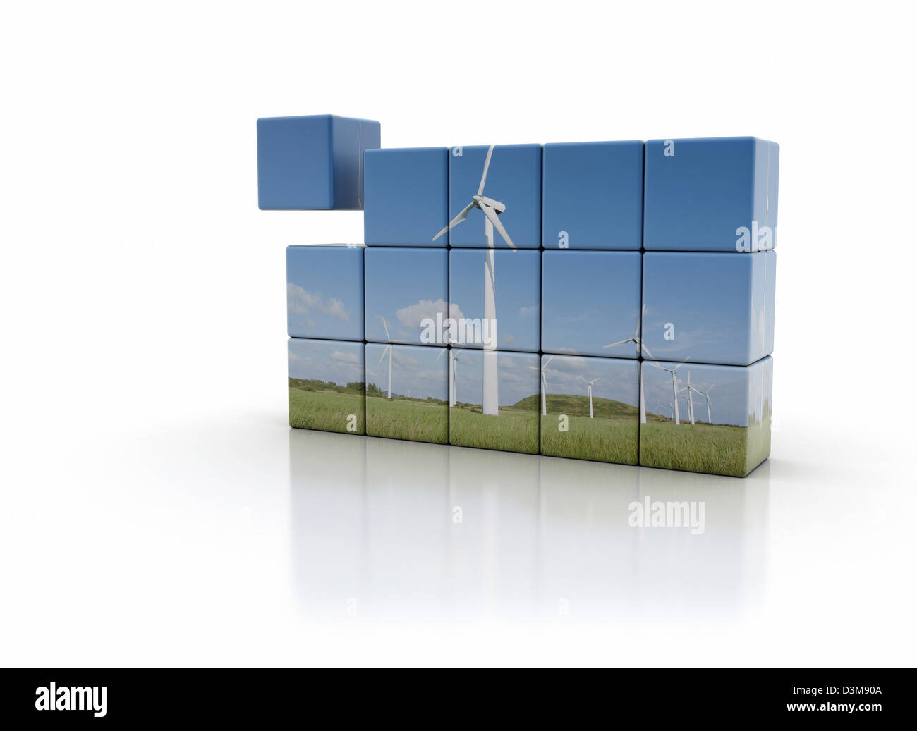 Building a better future - Wind turbines and building blocks Stock Photo