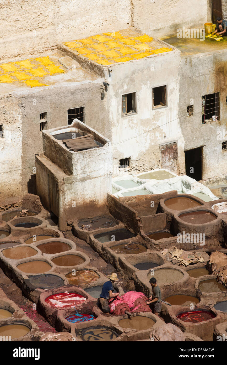 Labourers working in the dyeing pits of the Chouara Tannery with dwellings behind, Fes, Morocco Stock Photo