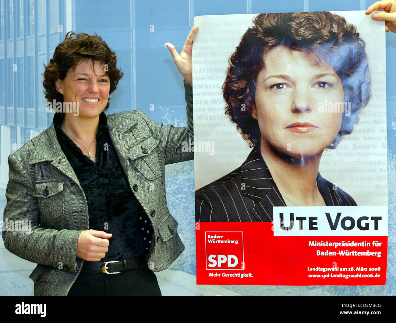 (dpa) - The Chairwoman of the Socialdemocrats of Baden Wuertemberg Ute Vogt presents her campaining placard at a press conference in Stuttgart, Germany, 16 January 2006. Elections for the a new parliament in Baden Wurttemberg are scheduled for 26 March 2006. Photo: Harry Melchert Stock Photo