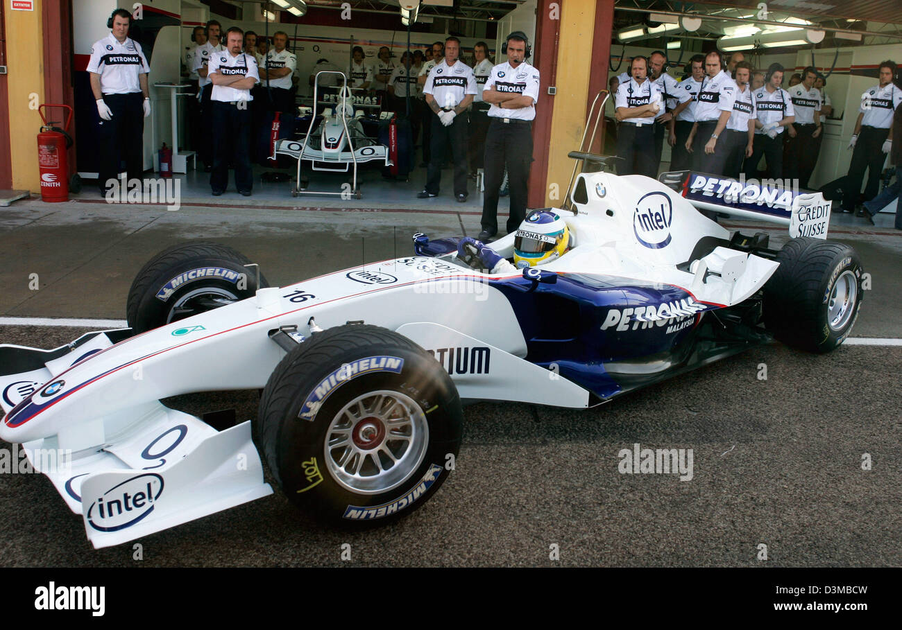 (dpa) - German Formula One pilot Nick Heidfeld exits the pits in his new BMW Sauber F1 Team race car 'F1.06' during the first rollout at the race track of Valencia, Spain, Tuesday 17 January 2006. Photo: Gero Breloer Stock Photo