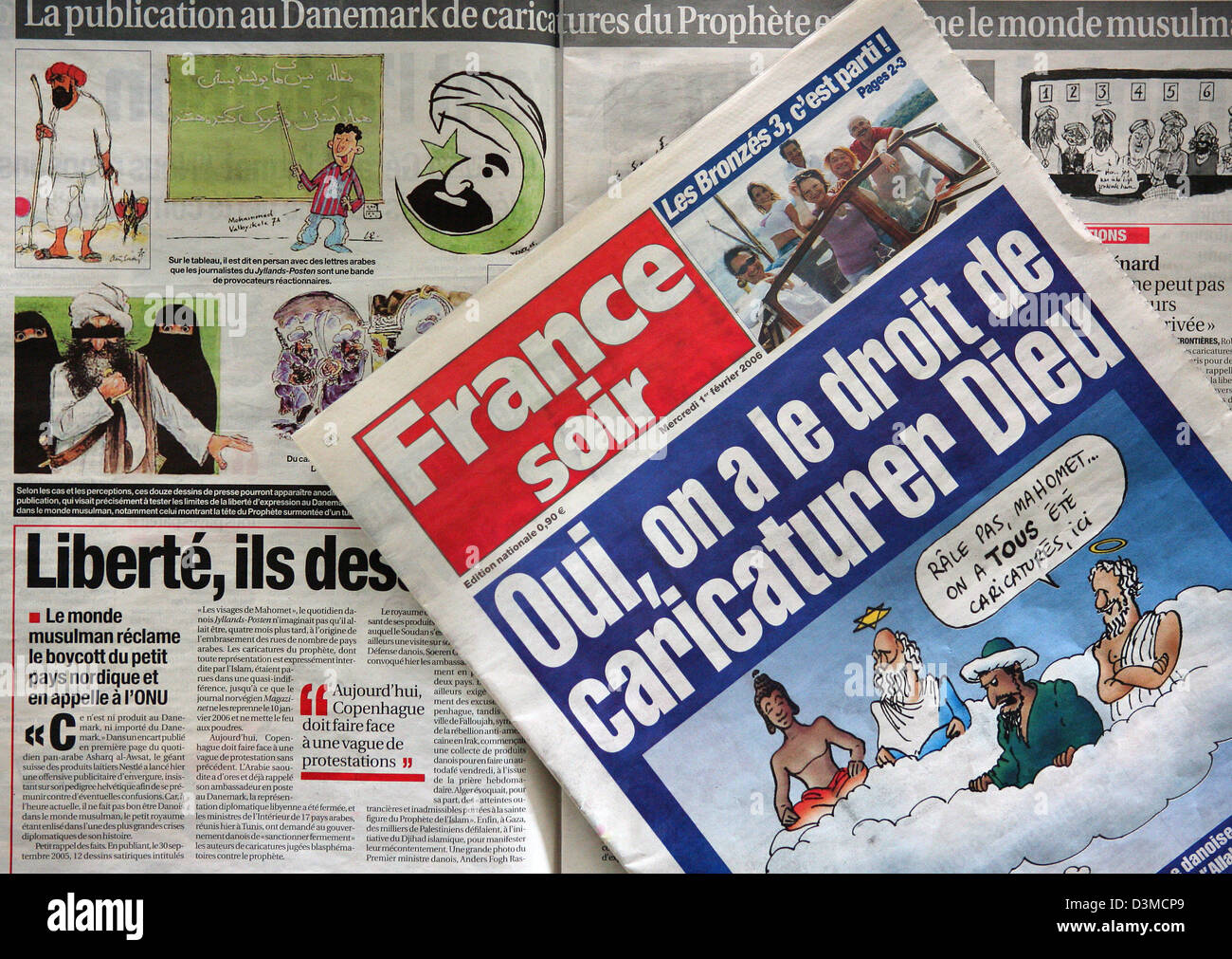 The front page of the French tabloid newpaper 'France-Soir' features a caricature of prophet Mohammed, pictured in Frankfurt, Germany, Wednesday, 01 February 2006. The controversy concerning the Danish caricatures of Mohammed and newly published illustrations has caused new widespread mass protests in Muslim countries. The Paris-based tabloid justified the featured twevle caricatur Stock Photo