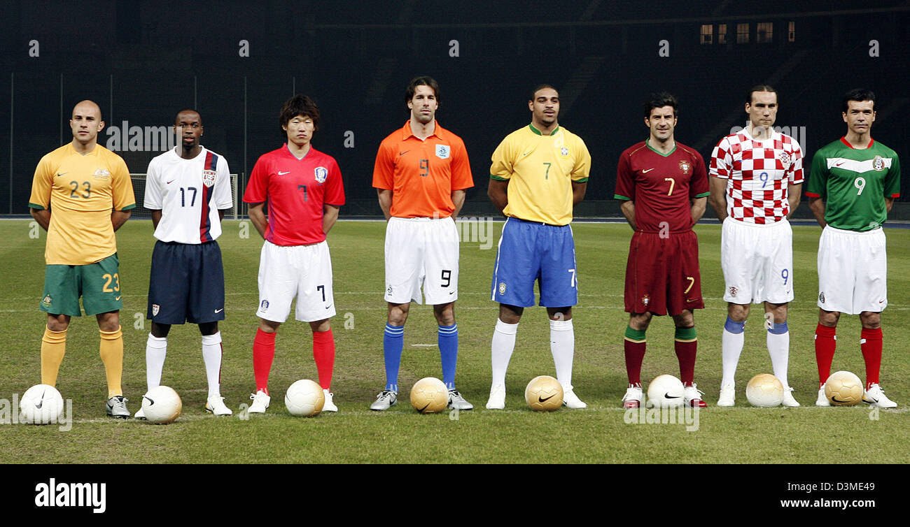 The soccer players (L-R) Marco Bresciano (Australia), Damarcus Beasley (USA), JS Park (South Korea), Ruud van Nistelrooy (Netherlands), Adriano (Brazil), Luis Figo (Portugal), Dado Prso (Croatia) and Jared Borgetti (Mexico) stand in the Olmympic stadium in Berlin, Germany, 13 February 2006. Nike presented the jerseys of its eight teams with each's most popular player. Photo: Bernd  Stock Photo