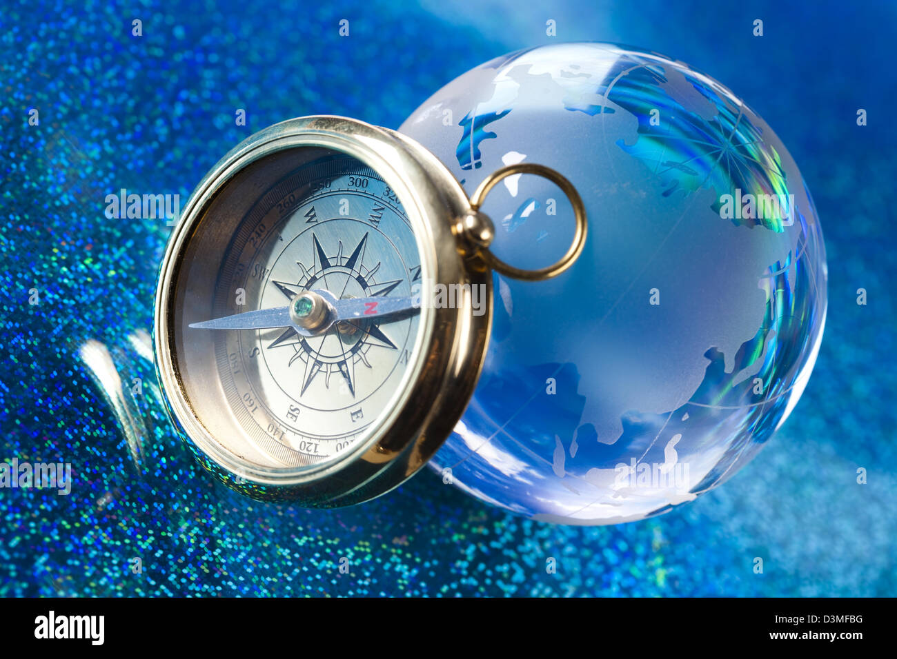 Magnifying glass, Compass and globe Stock Photo Alamy