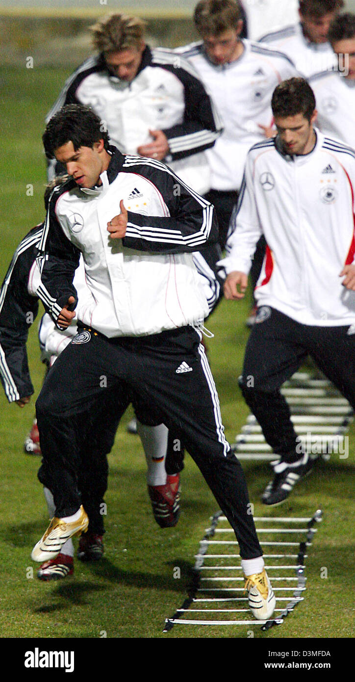 Michael Ballack, player on the German national squad, takes part in a practice session with his teammate in Florence, Italy, Tuesday, 28 Febraury 2006. The German national soccer squad is going to play Italy in the international friendly on Wednesday, 01 March 2006. The first international match in this year's world cup year is aimed at supporting the growing together of the German Stock Photo