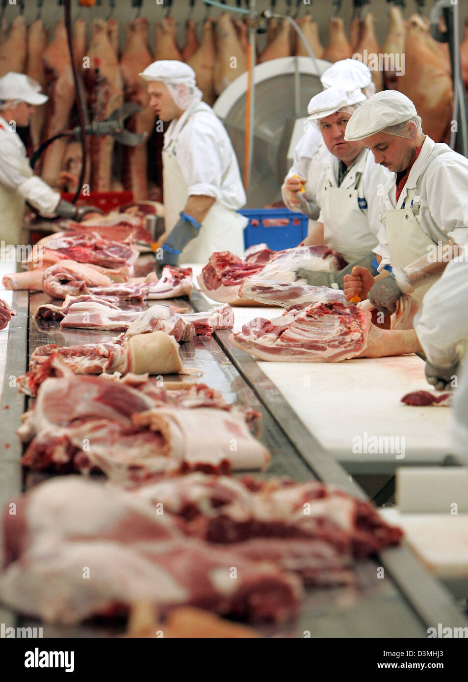 Employees of  'Ruegenwalder Muehle' prepare pork meat for the production of sausages at the company's factory site in Bad Zwischenahn, Germany, Thursday, 16 March 2006. The company makes amongst others the famous 'Teewurst' (smoked pork pate), which is a registered trademark since 1957. Photo: Ingo Wagner Stock Photo