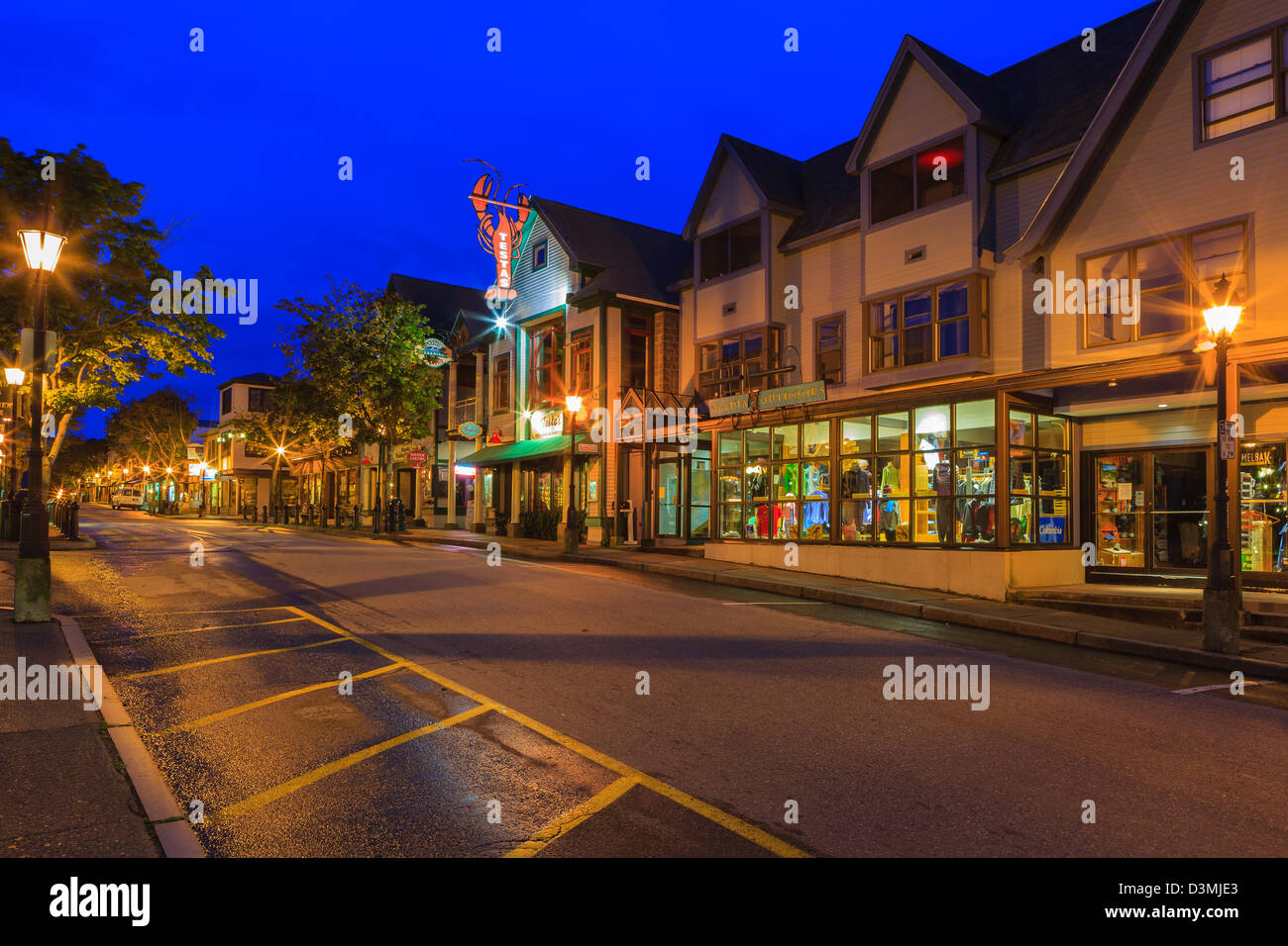 Streets of Bar Harbor, before sunrise during the blue hour. Acadia N.P, Maine. Stock Photo