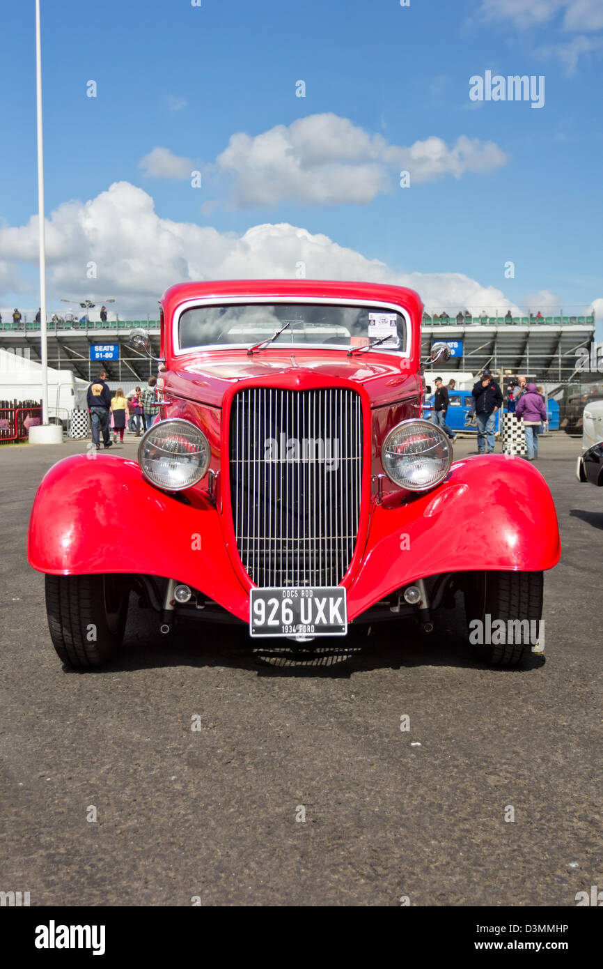 A 1934 Red Ford Coupe in a Show and Shine competition at the Dragstalgia Classic American car event at Santa  Pod Raceway Stock Photo