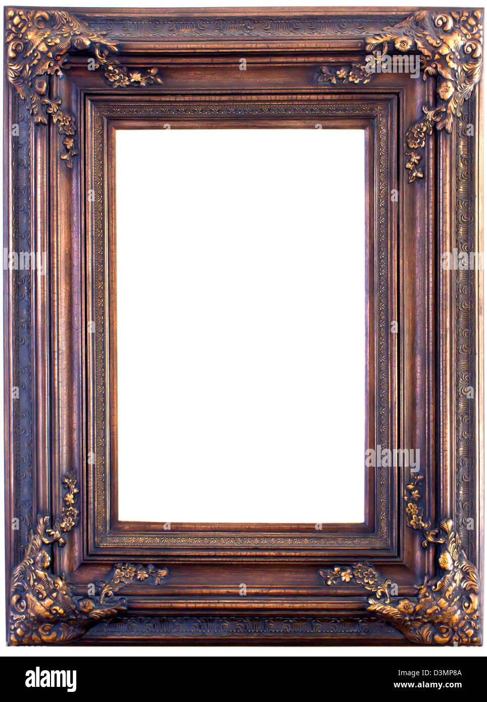 Antique look gold color picture frame isolated on white. Stock Photo