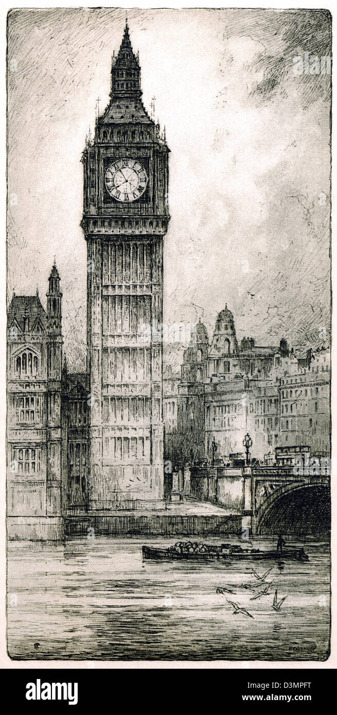 An old print of Big Ben, Westminster, London scanned at high resolution. Thought to date from the 1920's. Stock Photo