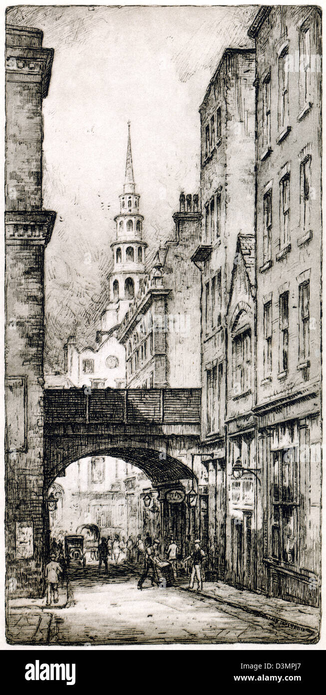 An old print of St Brides Church, Fleet Street, London scanned at high resolution. Thought to date from the 1920's. Stock Photo