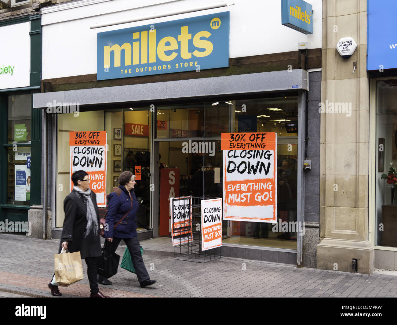 Millets Outdoor Clothing store in Middlesbrough closing down sale after reported financial problems of its parent company Stock Photo