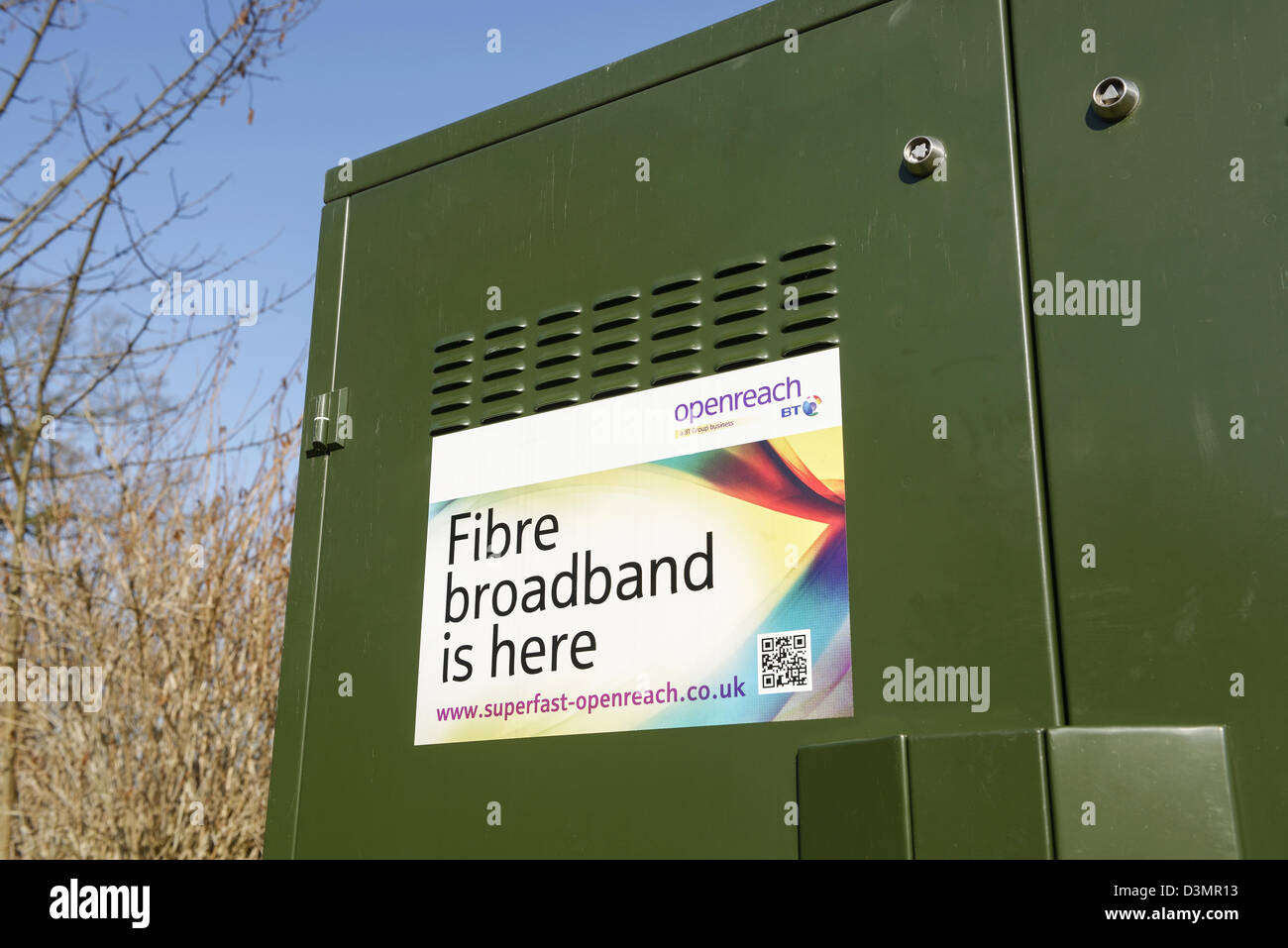 BT Openreach Fibre Optic Broadband green cabinet Stock Photo