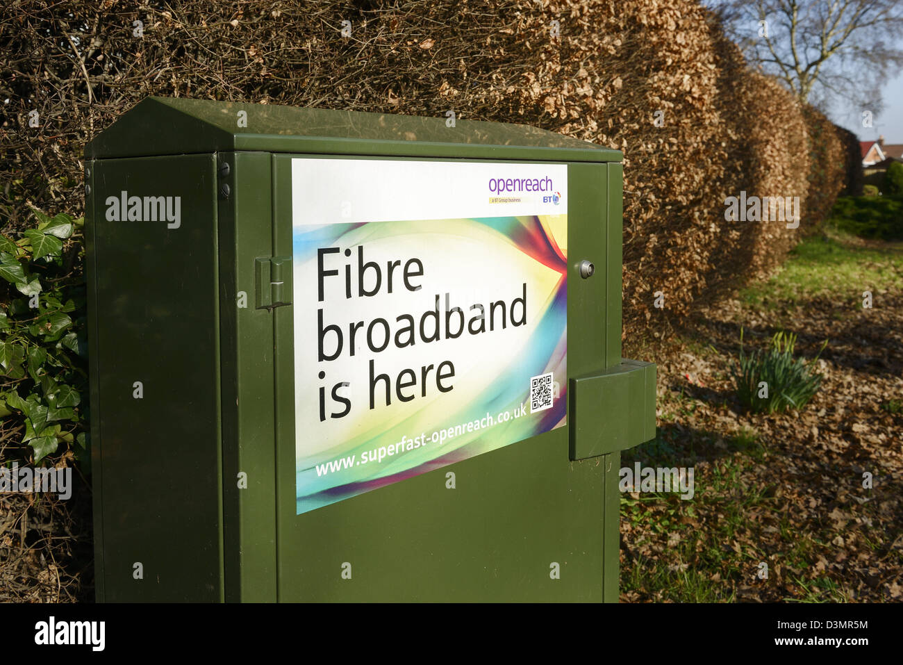 BT Openreach Fibre Optic Broadband green cabinet Stock Photo