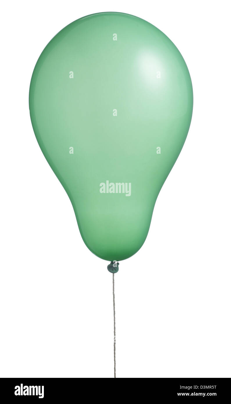 a single green helium balloon floating on a string isolated on white with clipping path Stock Photo