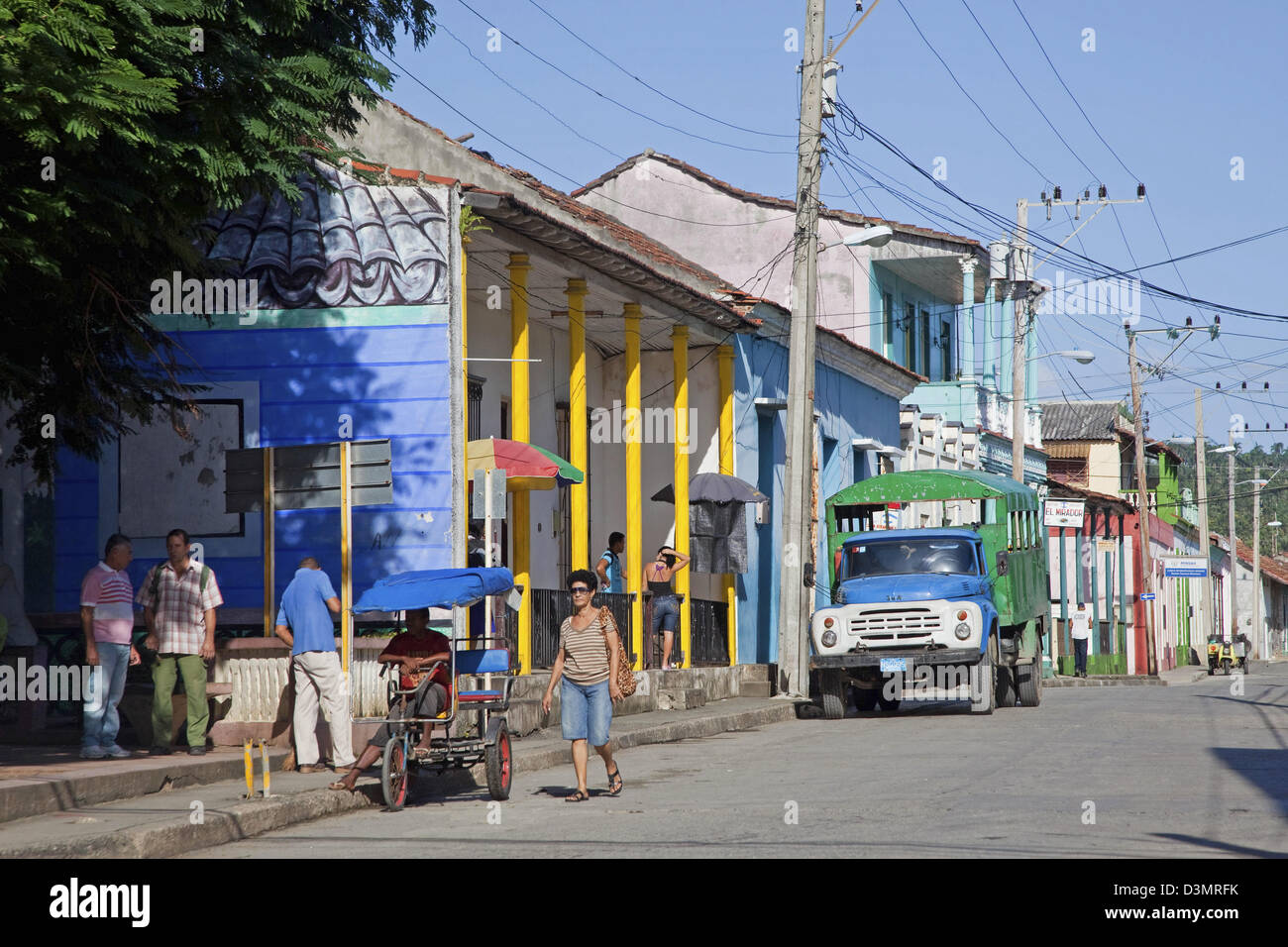 Street scene with old American truck in the city Baracoa, Guantánamo Province, Cuba, Caribbean Stock Photo