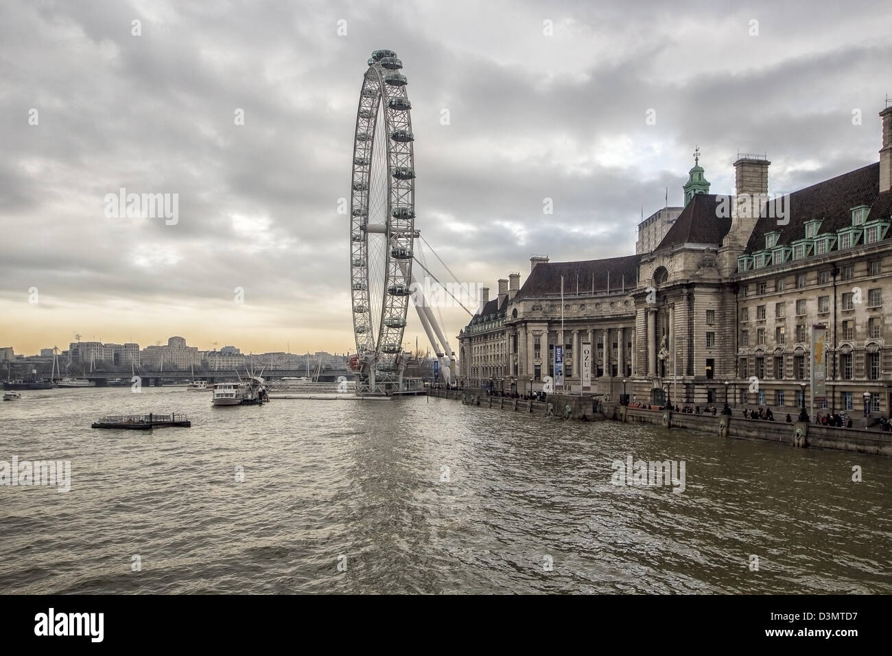 View of London Eye South Bank river Thames England Great Britain UK Stock Photo