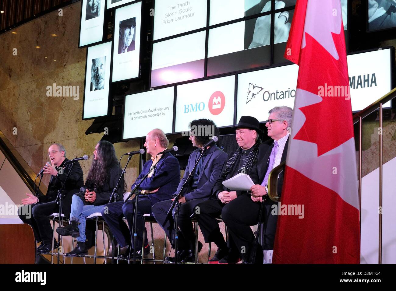 Toronto, Canada. 21st February 2013. Illustrious international jury announces Robert Lepage  as the Laureate of the Tenth Glenn Gould Prize at Toronto's  Sony Centre for the Performing Arts. In picture, Bob Ezrin, Deepa Mehta, John Ralston Saul, Rolando Villazon, Paul Hoffert, and Brian Levine.  (DCP/N8N)  Credit:  n8n photo / Alamy Live News Stock Photo