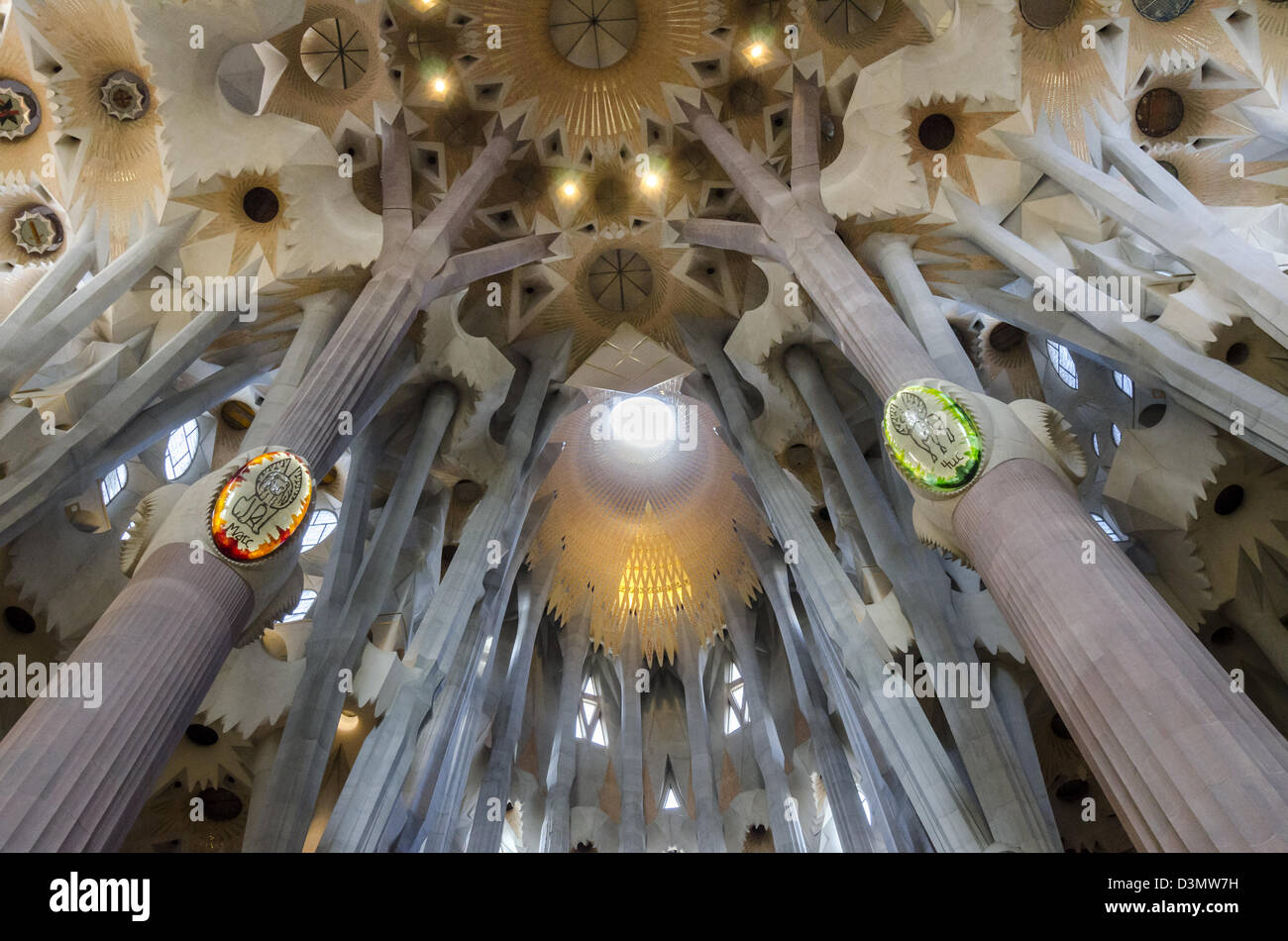 Interior columns and ceiling of the Sagrada Familia designed by ...