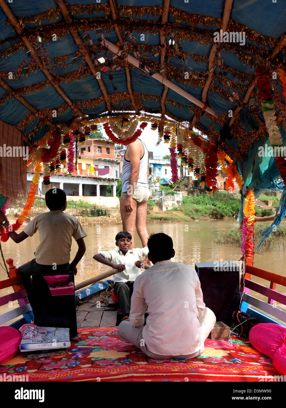 Boatmen on the Mandakini river in Chitrakoot (Chitrakuta), India Stock Photo