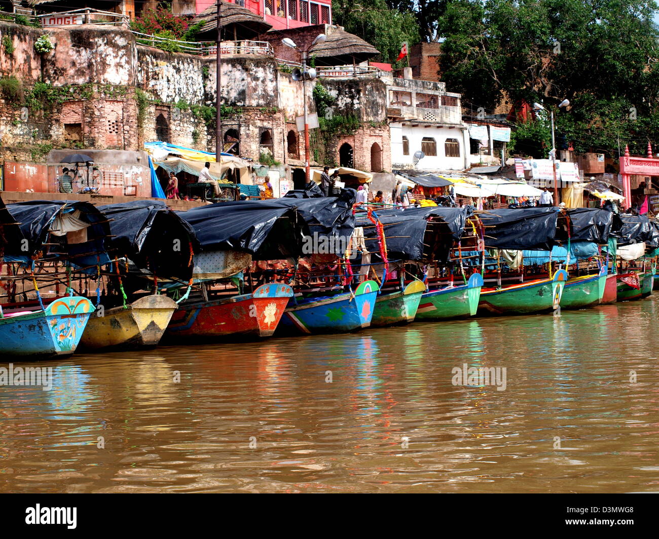 Boats on the Mandakini river in Chitrakoot (Chitrakuta), India Stock Photo
