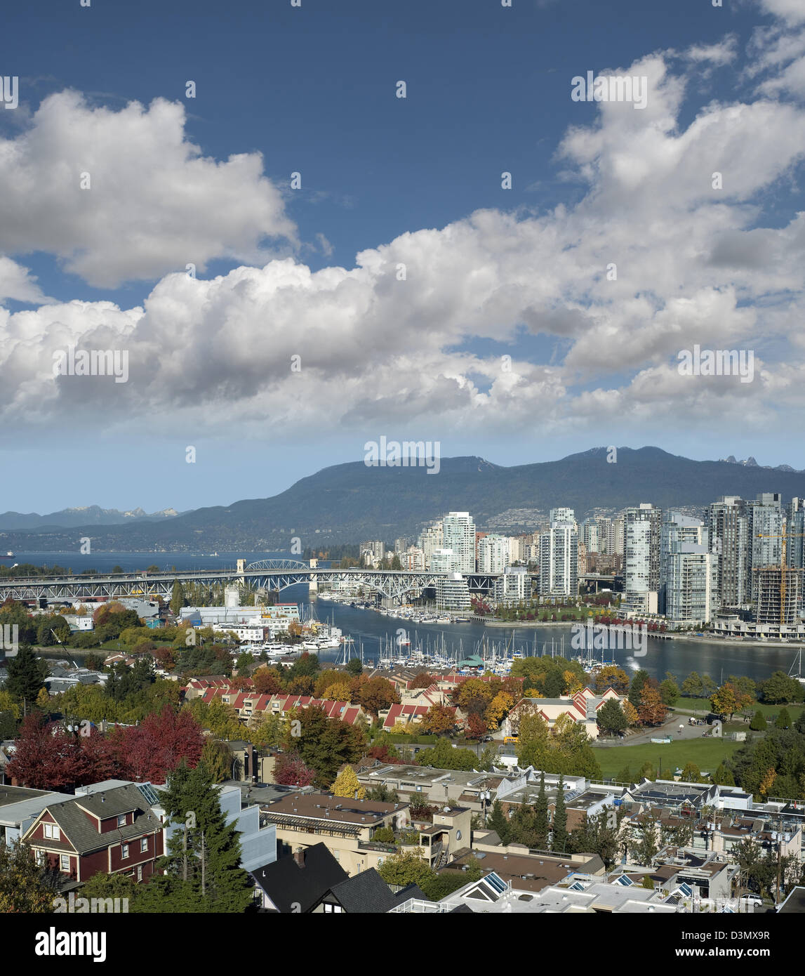Vancouver - False Creek and downtown, Coast Mountains in the back Stock Photo
